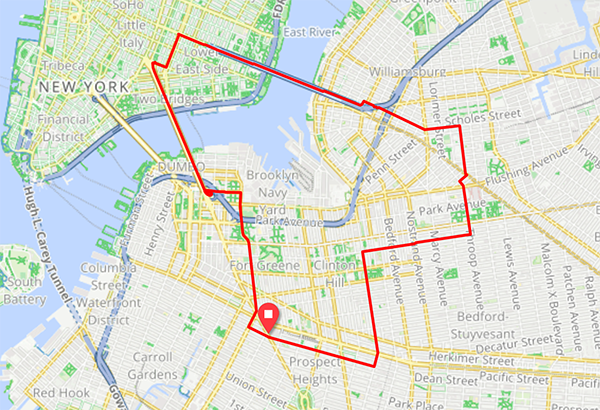 Map of the heart-shaped route that crosses both the Manhattan and Williamsburg Bridges