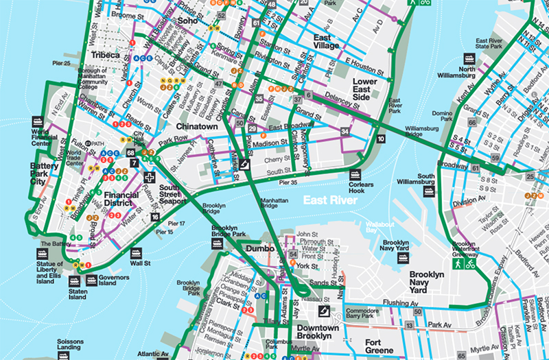The section of the New York City bike map around the Brooklyn, Manhattan, and Williamsburg Bridges